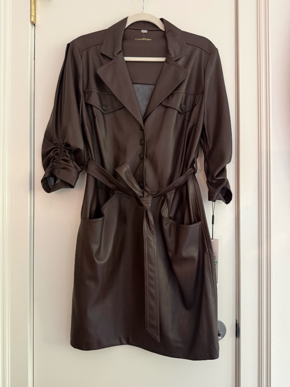 Vintage Calvin Klein Brown Faux Leather Belted Dress NWT 8